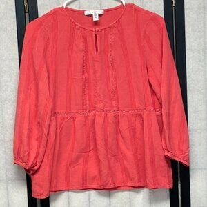 Fever Lace Inset V-Neck Peasant Top S 3/4 Sleeve Boho Peplum Blouse Coral Orange